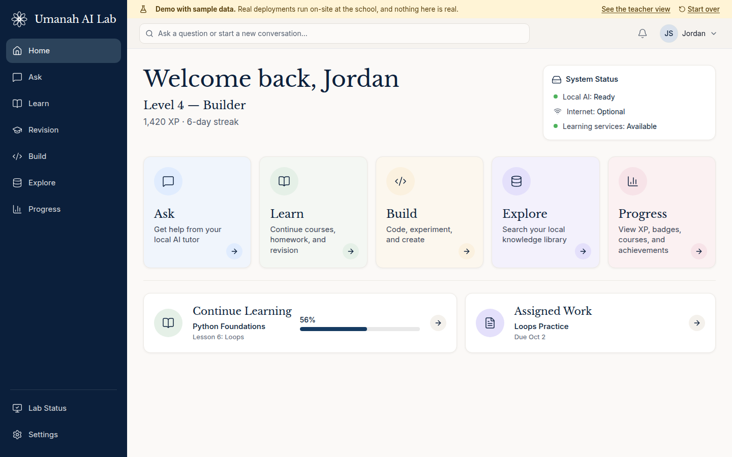 The Umanah AI Lab student home screen showing Ask, Learn, Build, Explore and Progress.